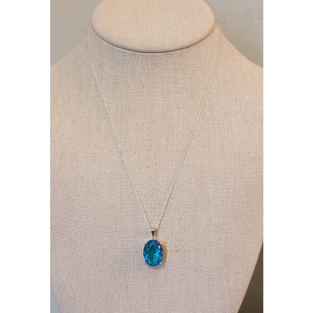 Large Simulated Swiss Blue Topaz Pendant on 925 Sterling 18" Chain